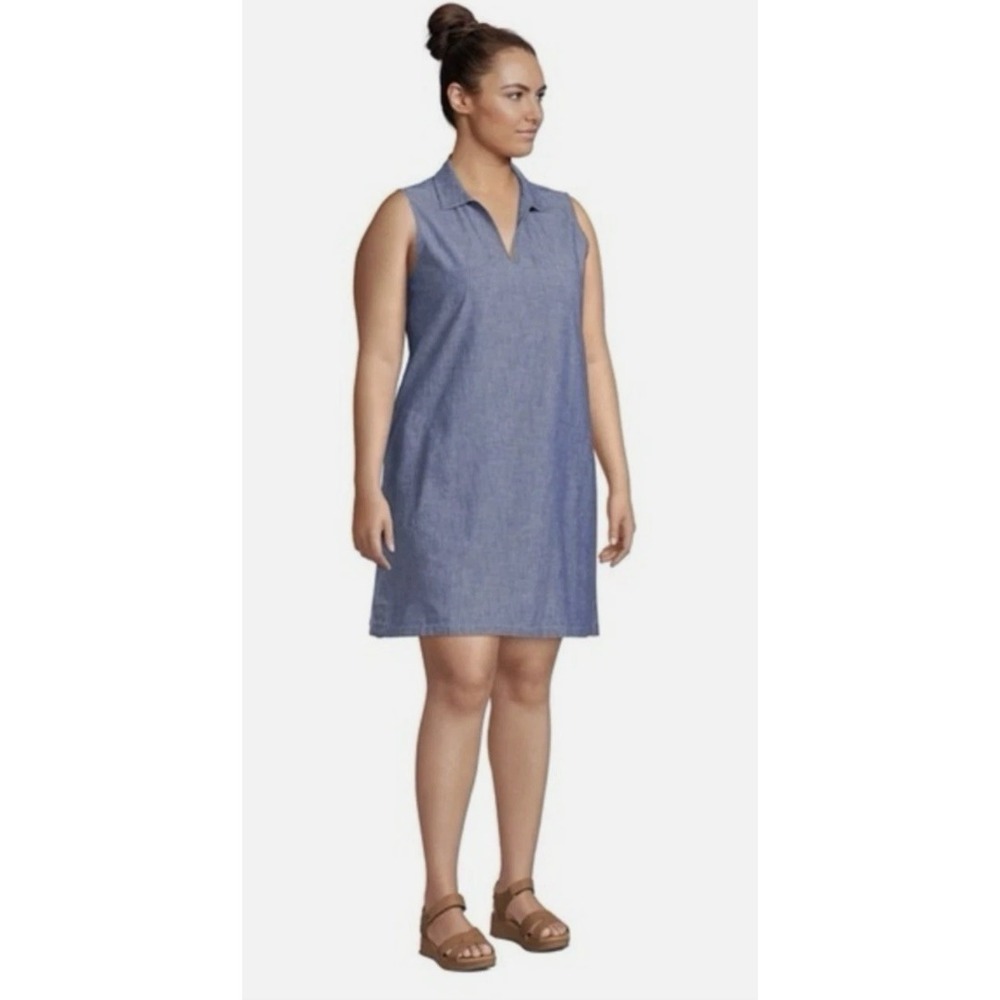 Lands End‎ Denim Chambray Dress Womens Large Blue Collared Shift Classic Preppy